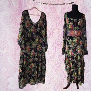 Vintage 90s New Options Sheer Long Sleeve Maxi Dress Romantic Roses & Bird Print